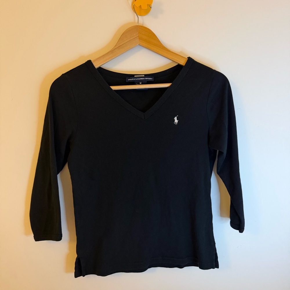 Ralph Lauren Women's Black V-Neck 3/4 Sleeve Top